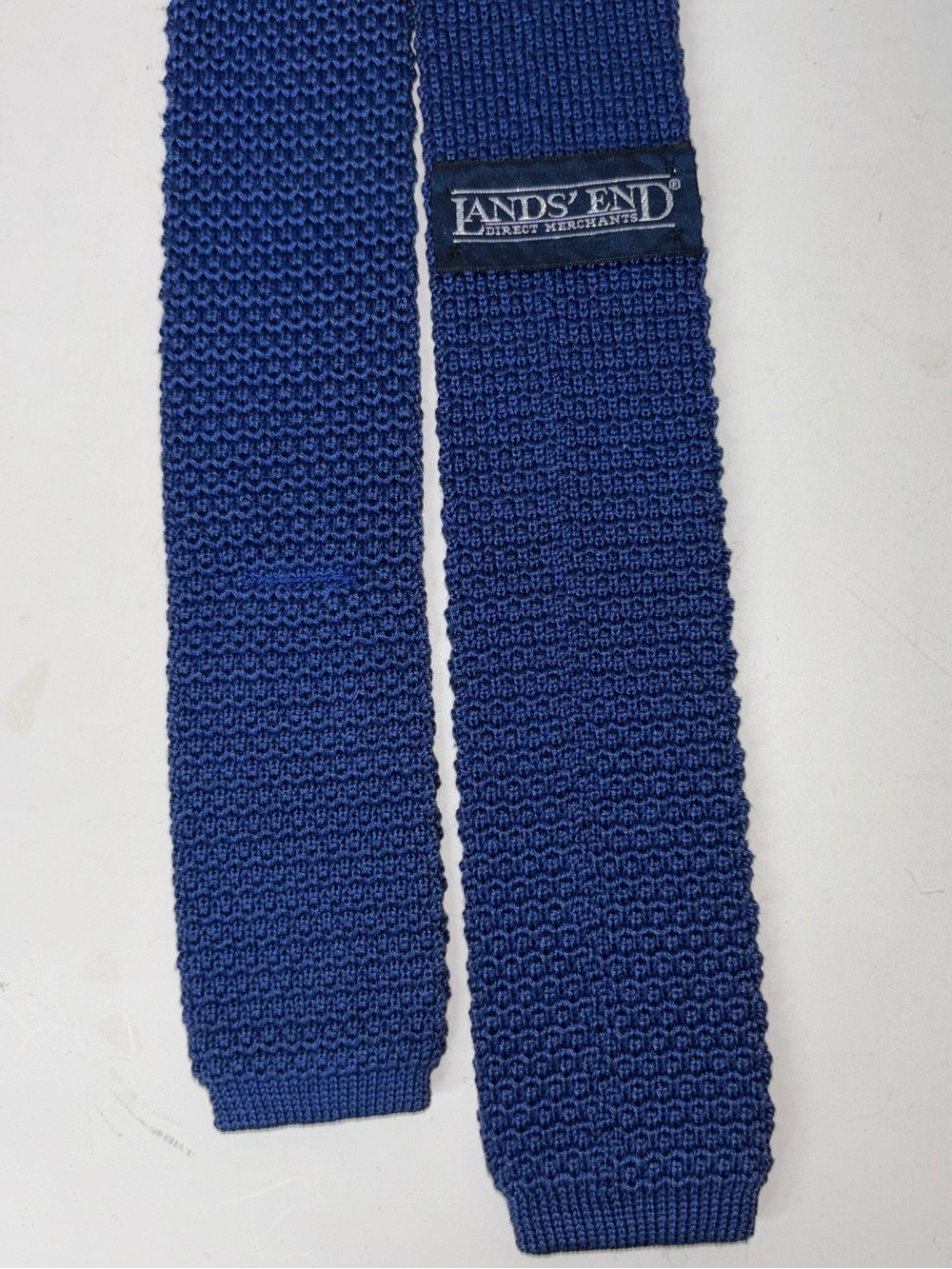 Lands' End Square End Knit Tie 100% Cotton Blue USA Preppy Ivy League Retro